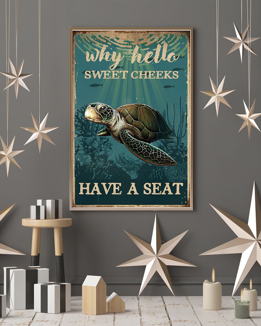 Sea Turtle Why Hello Sweet Cheeks Funny Bathroom Decor Vertical Poster